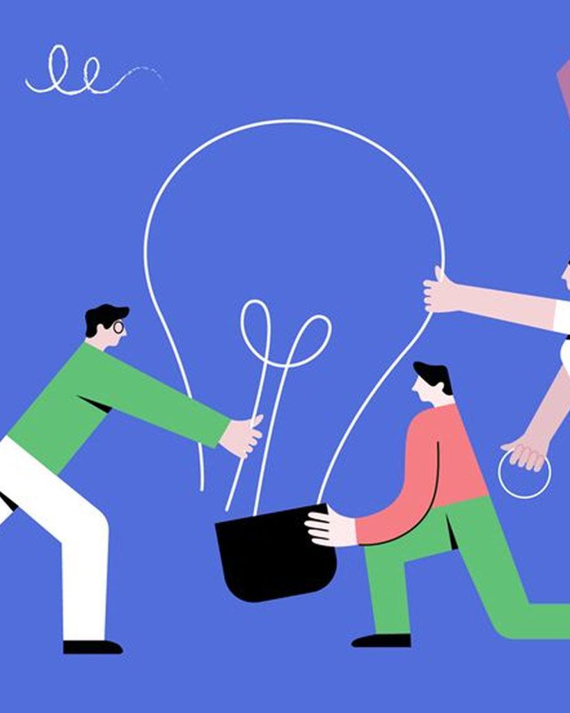 Flat vector illustration of a team collaborating to assemble a giant lightbulb on a solid blue background, symbolizing teamwork and creative strategy.